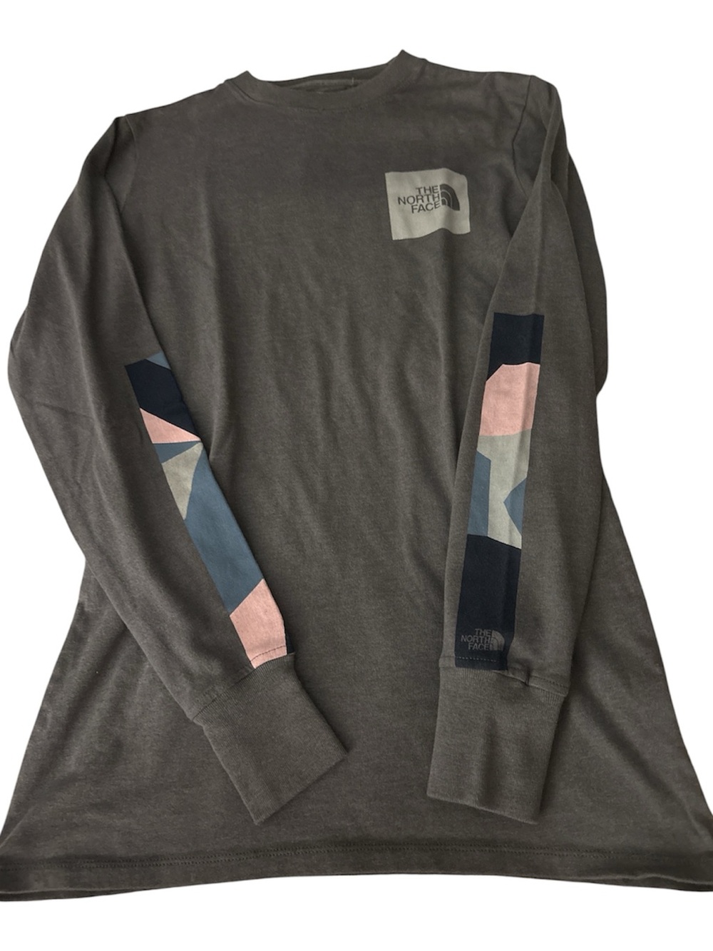 The North Face XS Fit Long Sleeve Tee in Charcoal with Pink & Blue Sleeve Panels